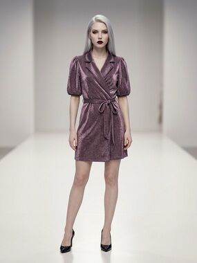 & Other Stories Plum/Rose Metallic Wrap Mini Dress Puff Sleeve Tie Waist Size 8